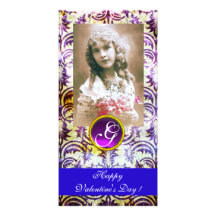 ANTIQUE PURPLE DAMASK Amethyst Monogram blue Customised Photo Card