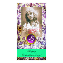 ANTIQUE PURPLE DAMASK Amethyst Monogram green Personalized Photo Card