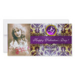 ANTIQUE PURPLE DAMASK Amethyst Monogram Picture Card