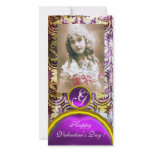 ANTIQUE PURPLE DAMASK Amethyst Monogram Picture Card