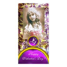 ANTIQUE PURPLE DAMASK Amethyst Monogram Picture Card