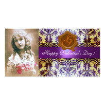 ANTIQUE PURPLE DAMASK BROWN WAX SEAL Monogram Customized Photo Card