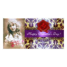 ANTIQUE PURPLE DAMASK RED WAX SEAL Monogram Photo Greeting Card