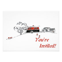 Antique RV Camper and Car Drawing Custom Invitation