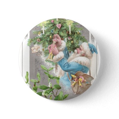 Antique Santa in Blue Coat with Xmas Tree Pinback Button by pinkalmond
