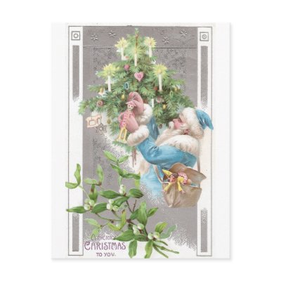 Antique Santa in Blue Coat with Xmas Tree Post Card by pinkalmond