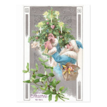 Antique Santa in Blue Coat with Xmas Tree Post Card