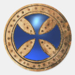 ANTIQUE TEMPLAR  CROSS Blue Sapphire Gem Round Stickers