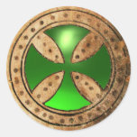 ANTIQUE TEMPLAR CROSS Green Emerald Gem Round Stickers