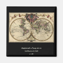 Antique World Map by Guillaume de L'Isle, 1720 Fridge Magnets