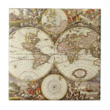 Antique World Map, c. 1680. By Frederick de Wit Ceramic Tiles