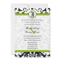 Apple Green Black Bubble Bee Damask Wedding Invite