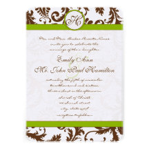 Apple Green & Brown Damask Wedding Invitation