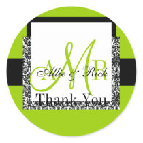 Apple Green Damask Wedding Monogram Thank You Sticker
