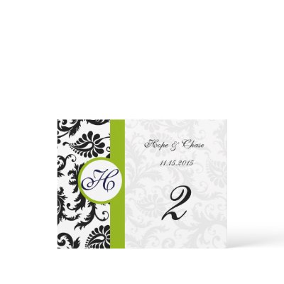 Apple Green Trim Damask Swirls Table Number Cards by samack