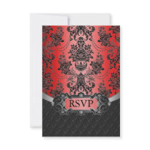 Apple Red Black Damask Wedding RSVP Response Cards