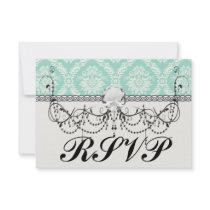 aqua and cream fleur elegant damask personalized invitations