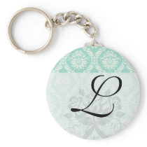 aqua and cream fleur elegant damask key chain
