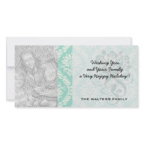 aqua and cream fleur elegant damask customised photo card