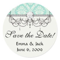 aqua and cream fleur elegant damask round stickers