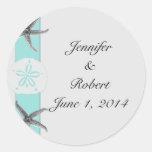 Aqua and Grey Band Starfish Envelope Seal Round Sticker