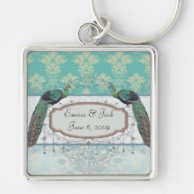 aqua and sage lovely peacock damask pattern keychain