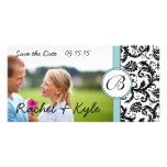 Aqua & Black Damask Save the Date Your Photo Photo Card