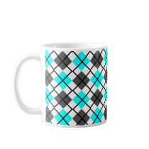 Aqua, Black, Grey on White Argyle Print Mug