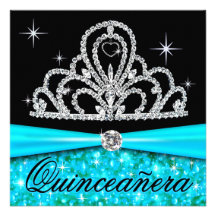 Aqua Black Quinceanera Princess Tiara Bling Personalized Invites