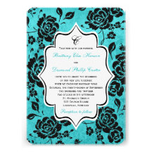 Aqua Black White Floral Damask Wedding Invitation
