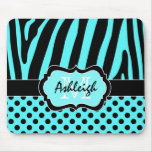 Aqua, Black, White Zebra Stripe & Dots Mousepad