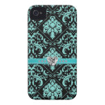 Aqua Blue and Black Damasked Pattern w/ Diamonds Iphone 4 Case
