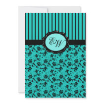 Aqua Blue and Black Monogram Damask Invitation