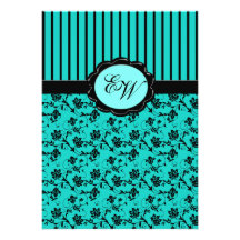 Aqua Blue and Black Monogram Damask Invitation