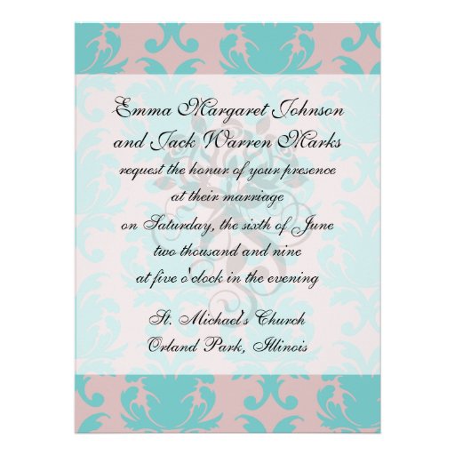 aqua blue and dark carnation pink damask design personalized announcements