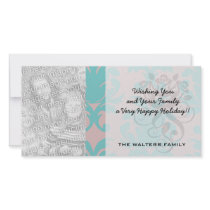 aqua blue and dark carnation pink damask design photo greeting card