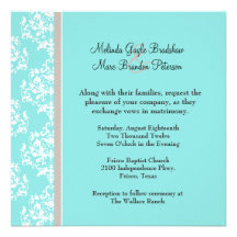 Aqua Blue and Taupe Damask Wedding Invitation