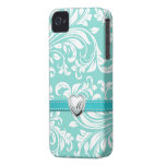Aqua Blue and White Damask Pattern with Monogram Iphone 4 Case-mate Case