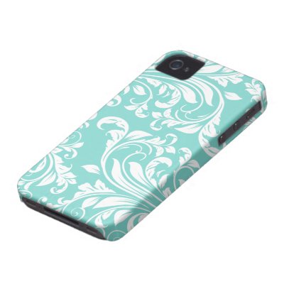 Aqua Blue and White Damasked Pattern Iphone 4 Covers by eatlovepray