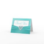 Aqua Blue and White Glitter Heart Thank You Card