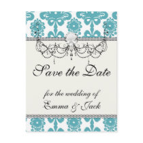 aqua blue and white swirl damask pattern post cards
