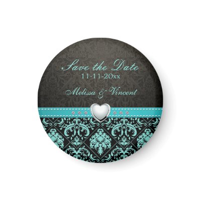 Aqua Blue / Black Damask Wedding Save the Date Fridge Magnet by weddingsNthings
