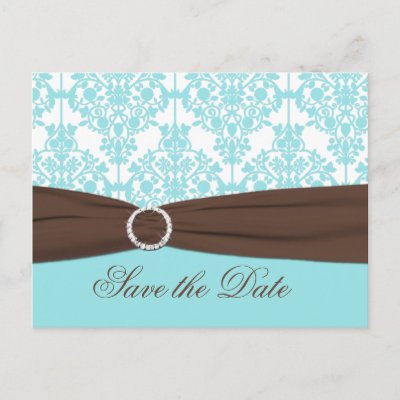 Aqua Blue Brown White Damask Save the Date Card by NiteOwlStudio