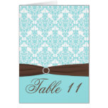 Aqua Blue, Brown, White Damask Table Number Card