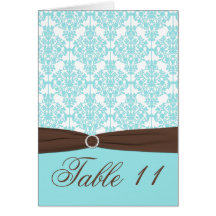 Aqua Blue, Brown, White Damask Table Number Card