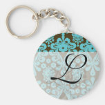 aqua blue damask pattern key chains