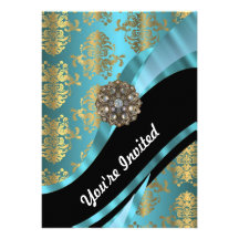 Aqua blue & gold damask faux crystal custom announcements