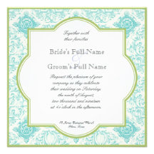 Aqua Blue Lime Toile Quatrefoil Wedding Invite