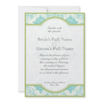 Aqua Blue Lime Toile Quatrefoil Wedding Invite