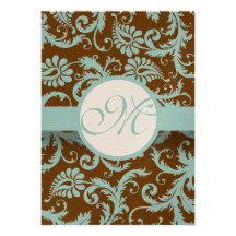 Aqua Blue on Brown Damask Wedding Menu Personalized Announcements